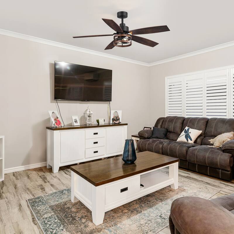 52-inch Farmhouse Ceiling Fan with Light and Remote-5 Reversible Blades