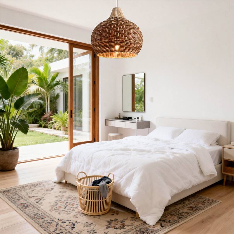 18.9" Farmhouse Natural Caged Handwoven Rattan Pendant Light - 18.9" D x 18.9" W x 62.99" H