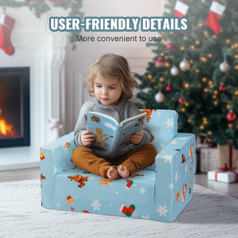 Sky Blue Foam Foldable Kids Sofa Bed with Printed Fabric and Zippers - 40.94” L x 22.83” W x 12.60” H