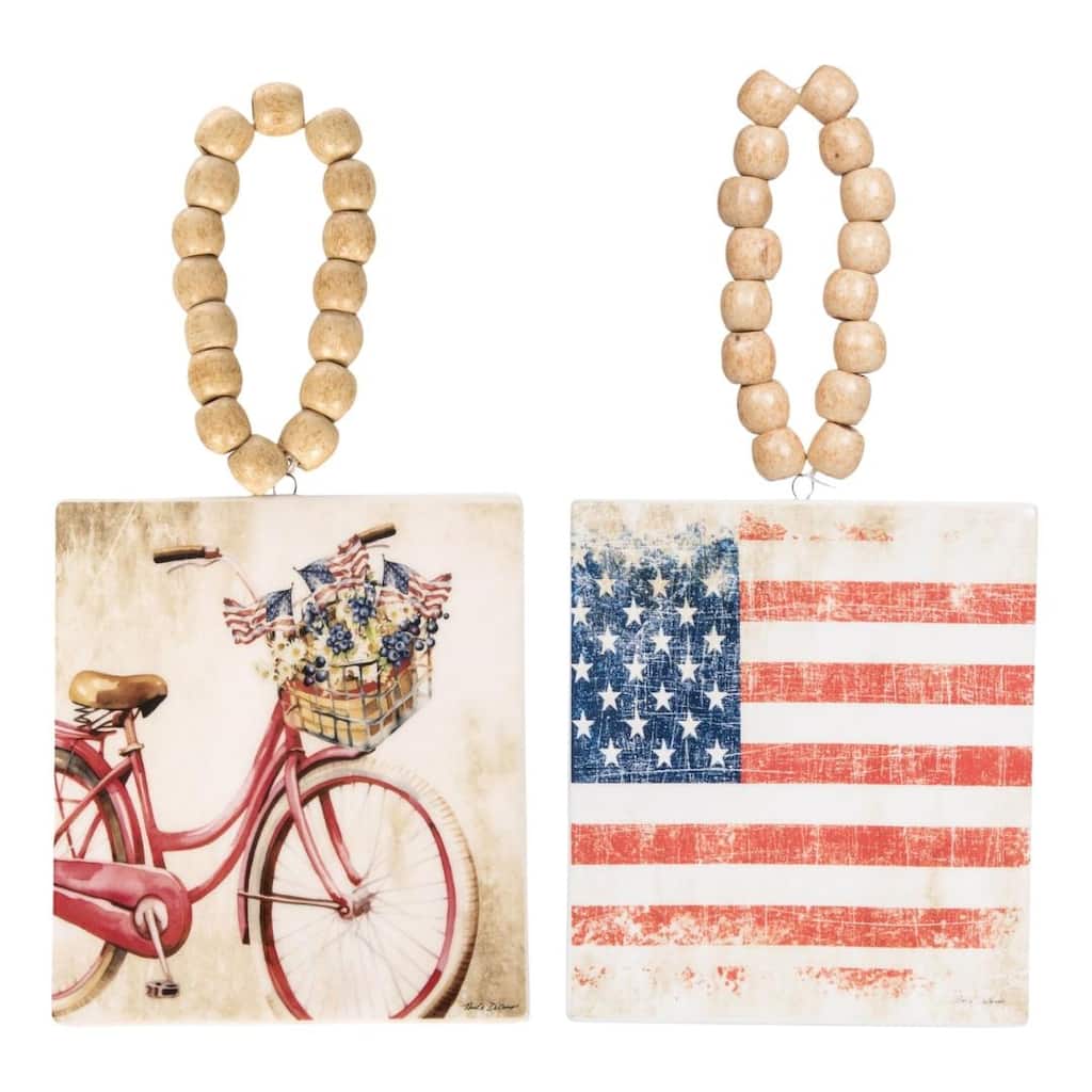 Transpac Ceramic Americana Tag w/Bead Hanger Set of 2 Home Decorations Patriotic