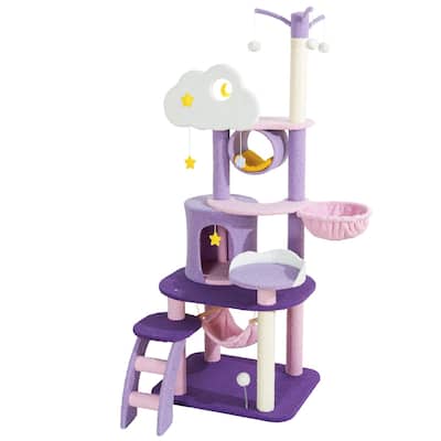 65in Cute Cat Tree,Purple Cat Tower with Cat Condo Scratching Post Hammock