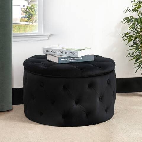 Adeco Round Velvet Button Tufted Storage Ottoman, Footrest Footstool