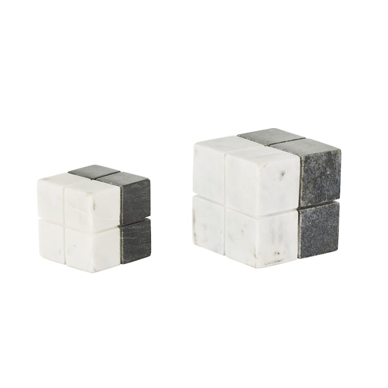 White Marble Dice Geometric Decorative Sculpture with Black Accent (Set of 2)