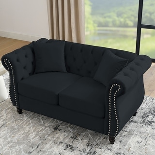 Tufted Loveseat Nailhead Trim Rolled Arms Black Couches with Pillows ...