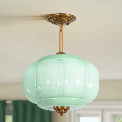 1-Light Retro Antique Brass Pumpkin Shaped Flush Mount Ceiling Light/Pendant Light with Milk/Green Glass for Kitchen,Dining Room