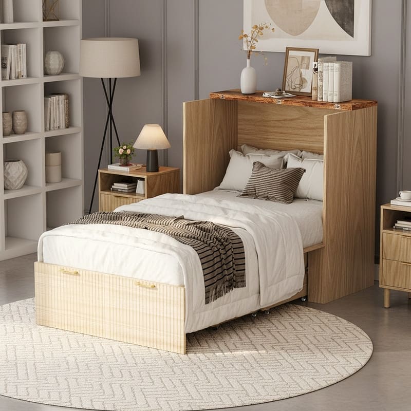 Twin Murphy Wood Bed with Charging Station,Sorage Drawers,for Small Spaces,in Beige