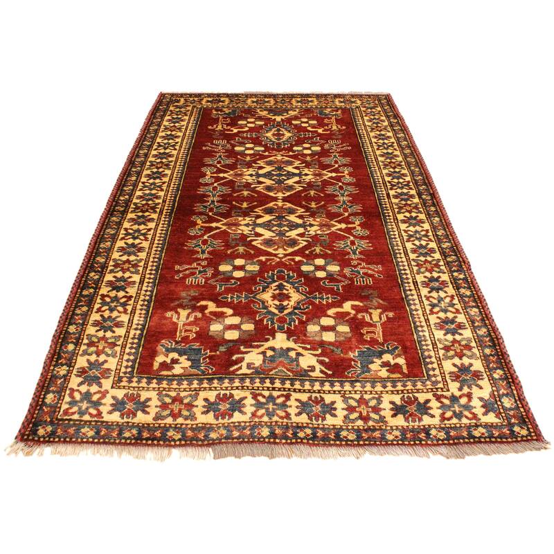 Rustic Super Kazak Zephyr Red/Gold Hand Knotted Wool Rug - 4'0'' x 5'7''