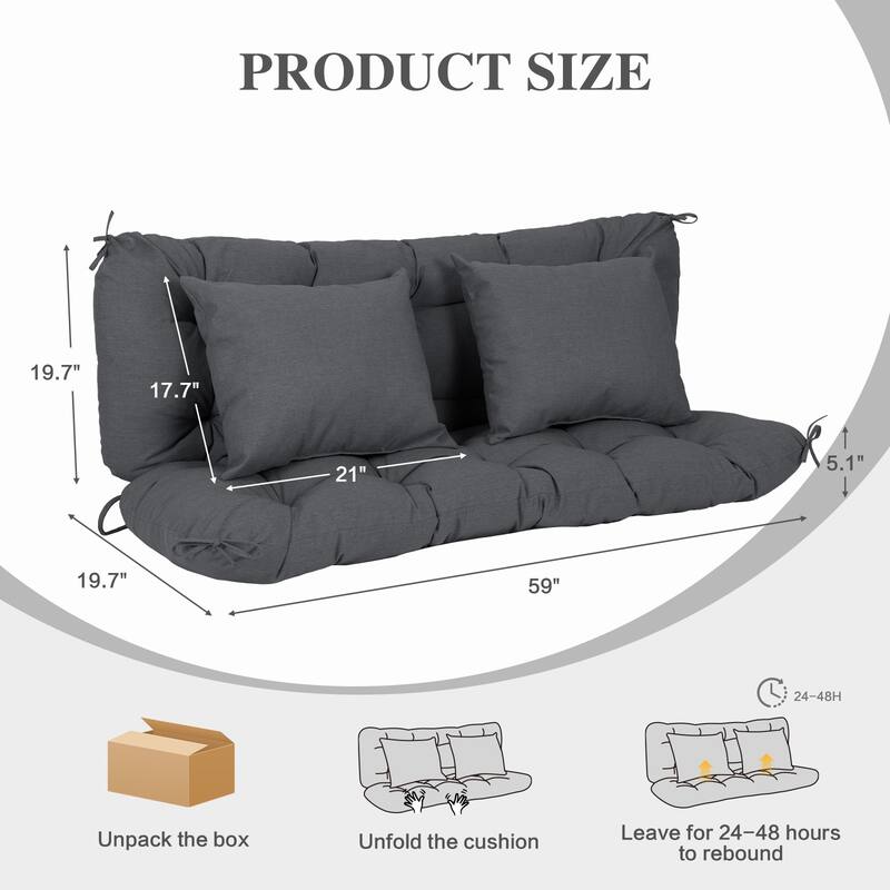 Aoodor 59" Tufted Porch Swing Cushions, Outdoor Swing Replacement Cushion 2-3 Seater with Backrest and 2 Pillows