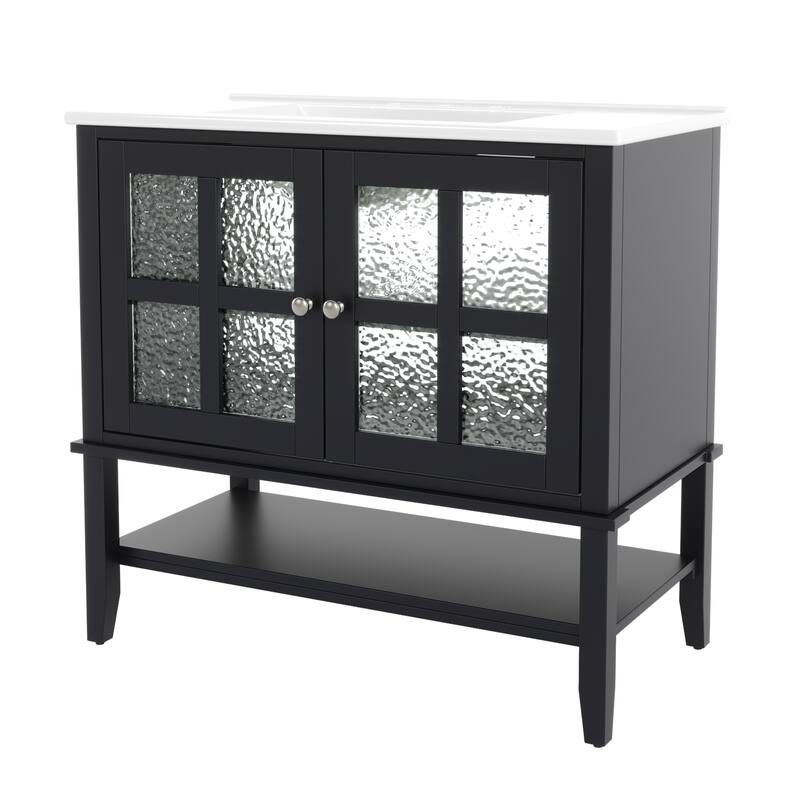 36"Vanity with Ceramic Sink,Vanity with Shelf,with Solid Wood Legs,Waterproof Painted Finish,Metal Knobs and Close Hinges Design