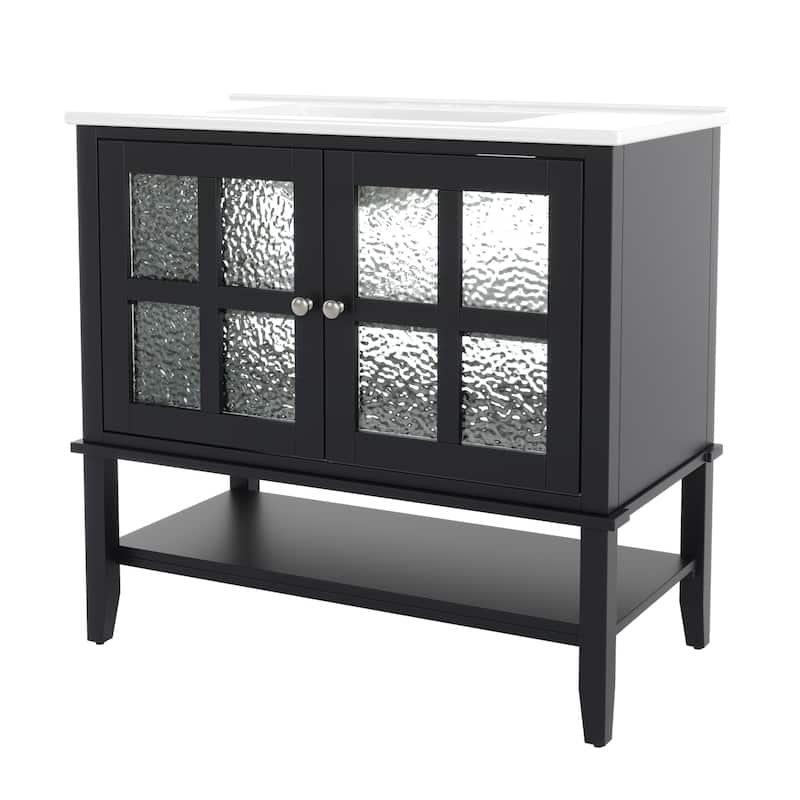 Roomfitters 36" Contemporary Bathroom Vanity with Ceramic Sink, Textured Glass Doors, Adjustable Shelf and Open Storage