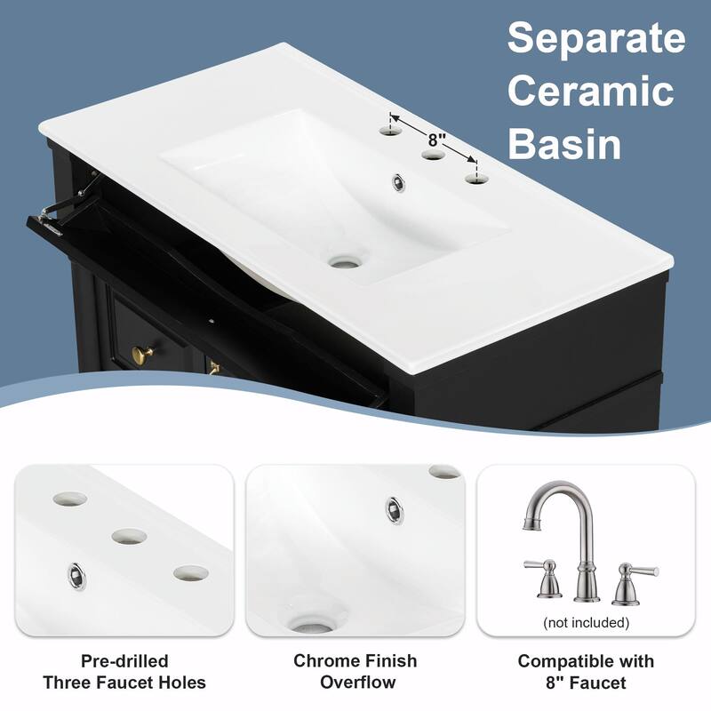 36" Bathroom Vanity with Sink, Freestanding Bathroom Cabinet with Ceramic Basin, Flip Drawer