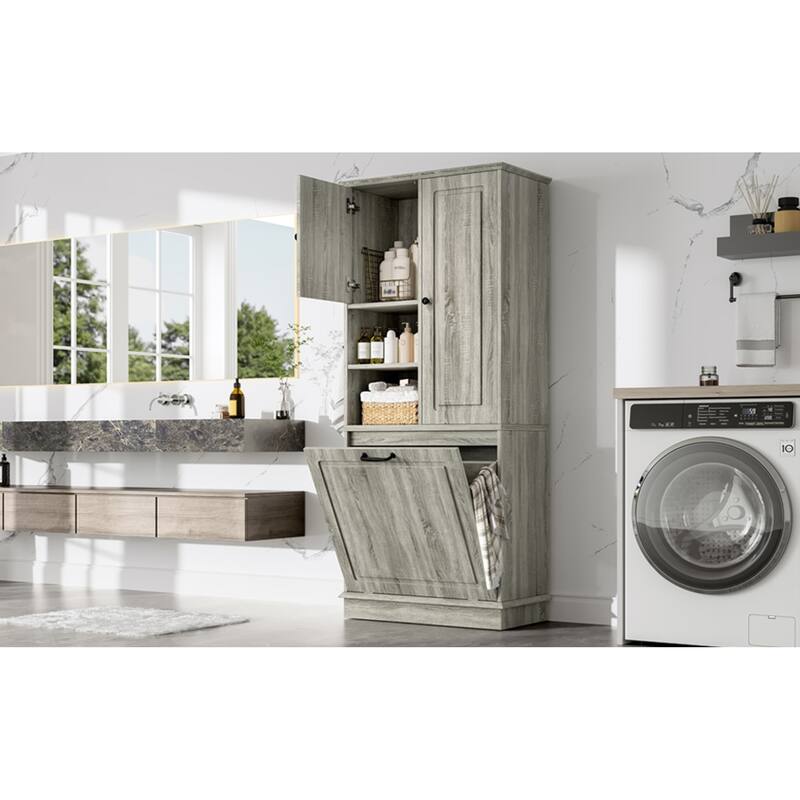 Roomfitters 67" Tall Storage Cabinet with Flip-Out Basket & Adjustable Shelves, MDF Linen Tower for Bathroom & Office