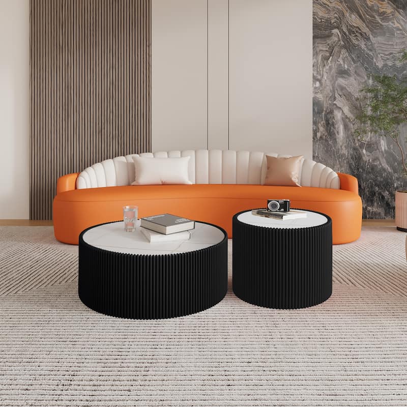 Small Coffee Table End Table for Living Room, Luxury Round Leather Accent Tables, Modern Circle Center Tables with Marble Top