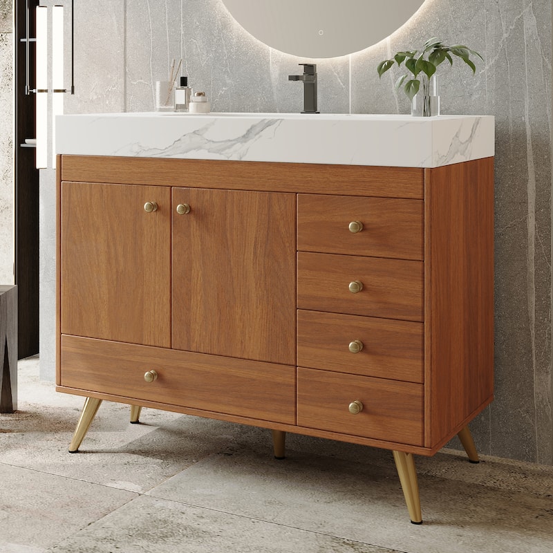 36" Bathroom Vanity with Faux Marble Top & Ceramic Sink, 5-Drawer Storage Cabinet with Stainless Steel Legs