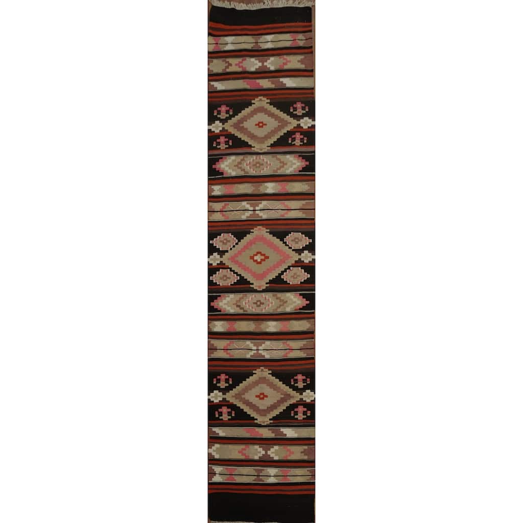 Hand Woven Oriental 100% Wool Carpet Southwestern Geometric Multi-Colored Kilim Runner Rug - 12' 7'' X 2' 7''