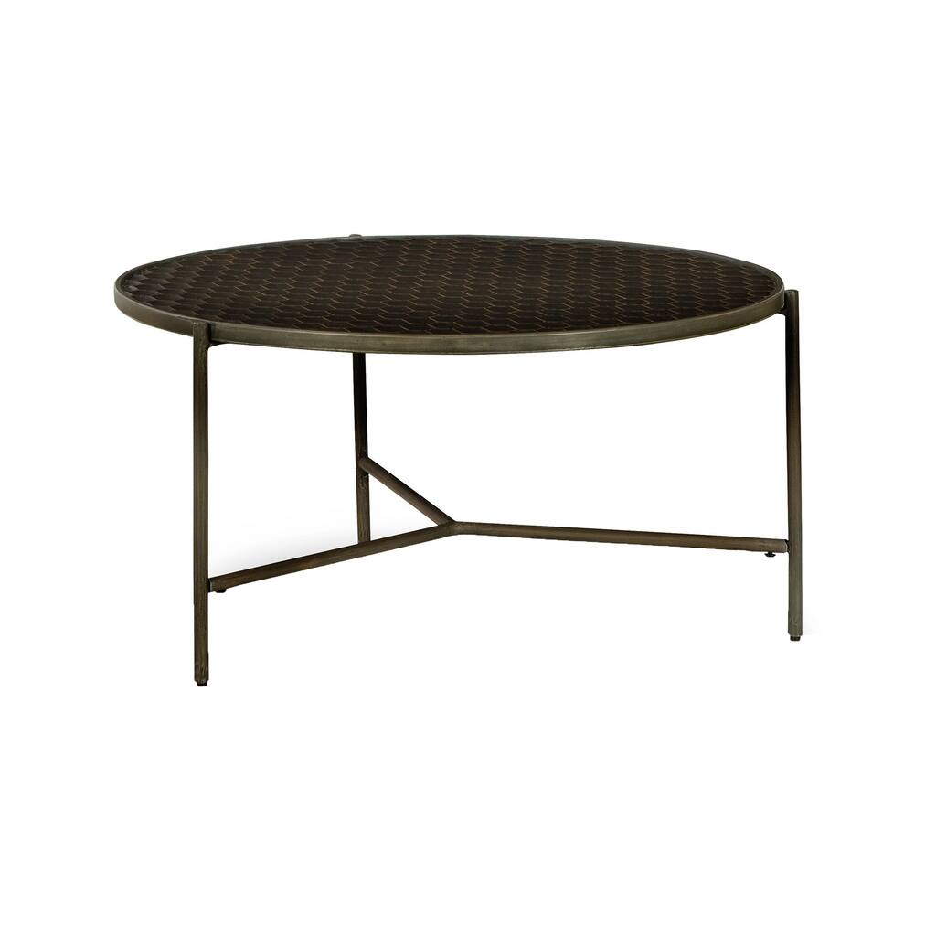 Modern 35 Inch Table, Crossed Metal Legs, Mango Wood Surface, Gray Brown