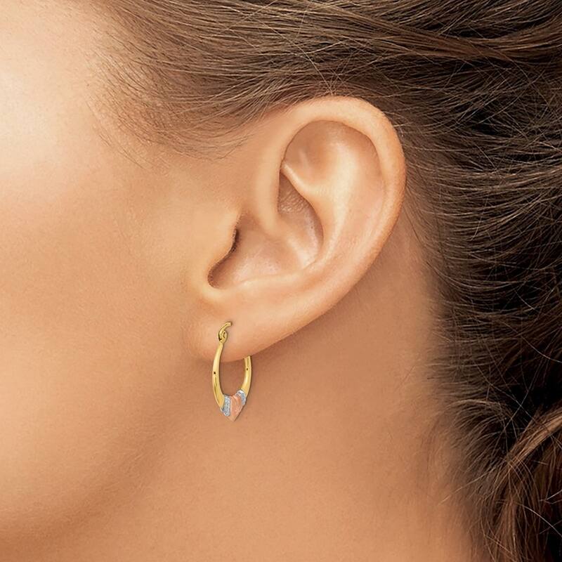 Curata 14k Tri color Gold Satin and Sparkle Cut Heart Hoop Earrings 19.89x2.52mm