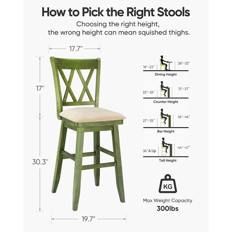 Double X Back Wood 360° Swivel Bar Stool with Foot Rest Upholstered Cushion