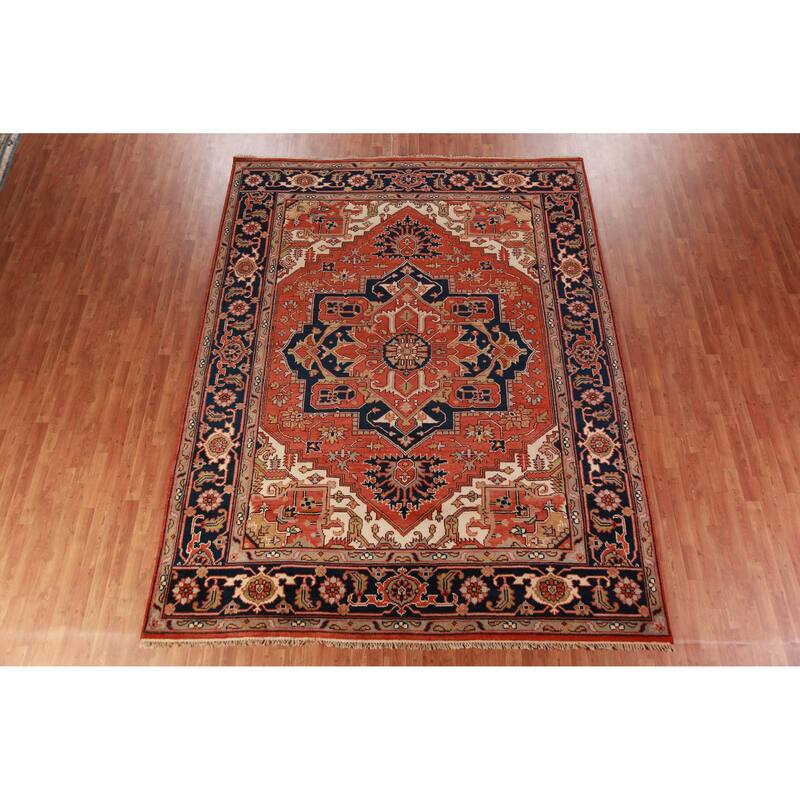 Orange Medallion Heriz Serapi Indian Area Rug Handmade Wool Carpet - 9'0"x 11'9"
