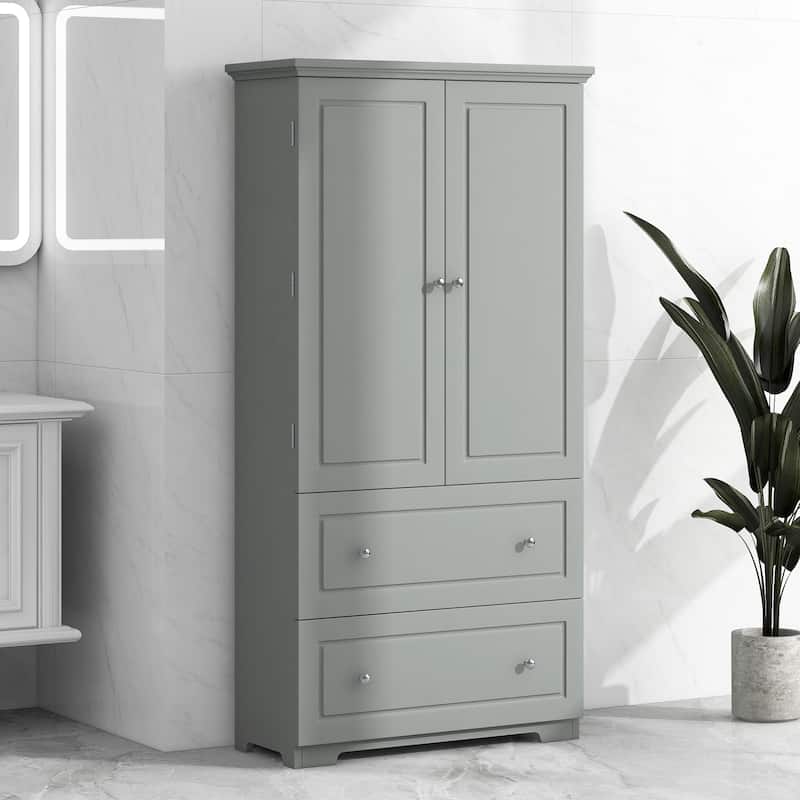 Grey Double Door Storage Cabinet with 2 Drawers, Adjustable Shelf and Metal Round Knobs for Office Bathroom Bedroom Living Room - Grey