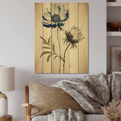 Designart 'Indigo Flower Blossoming I' Floral Wood Wall Art - Natural Pine Wood