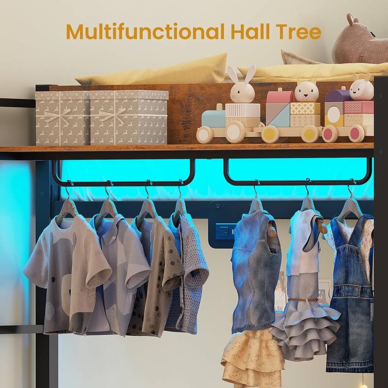 Metal Bunk Bed Twin Over Twin with Hall Tree 4 Storage Drawers