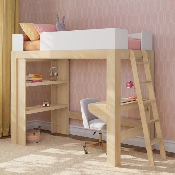 slide 2 of 29, Max and Lily Mid-Century Modern Twin Loft Bed with Desk and Bookshelf Blonde/White