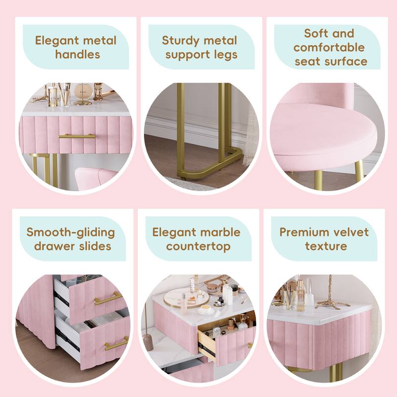 Velvet Upholstered Makeup Vanity Desk with 5 Storage Drawers, Marble-Look Sticker Top Dressing Table and Padded Makeup Chair Set
