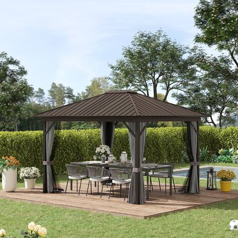 Outsunny 10' x 12' Outdoor Hardtop Gazebo Galvanized Steel Canopy with Aluminum Frame, Mesh Netting, Privacy Curtains