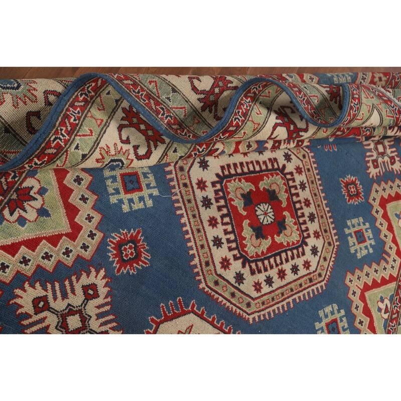 Blue Geometric Kazak Oriental Rug Handmade Traditional Wool Carpet - 6'8" x 10'1"