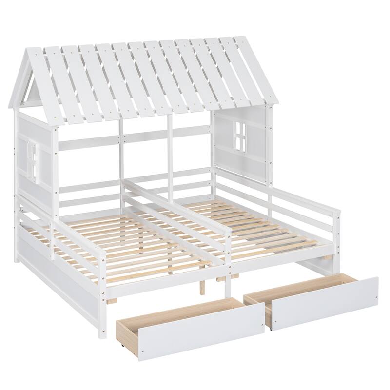 Twin House Beds with Storage Drawers, Perfect for Boy and Girl Shared Bedroom, Pine Wood Frame