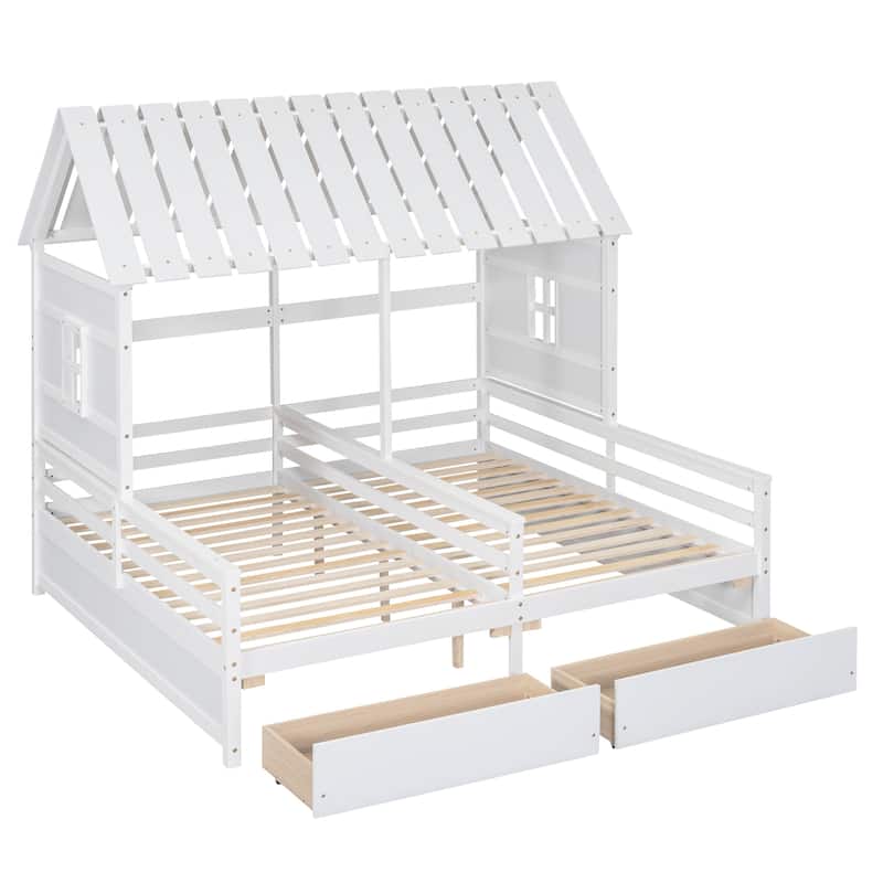 White Twin Solid Wood House Platform Beds with Drawers