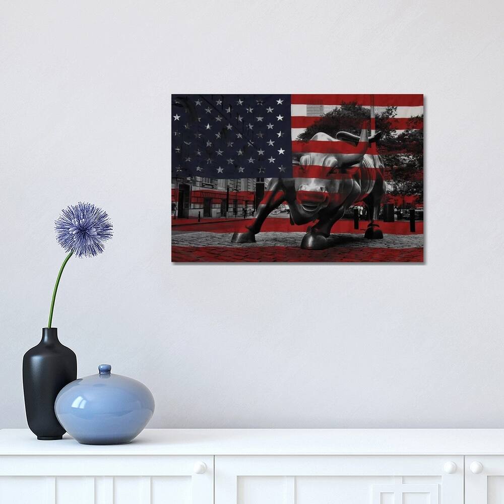 iCanvas "New York - Wall Street Charging Bull, US Flag" by iCanvas Canvas Print