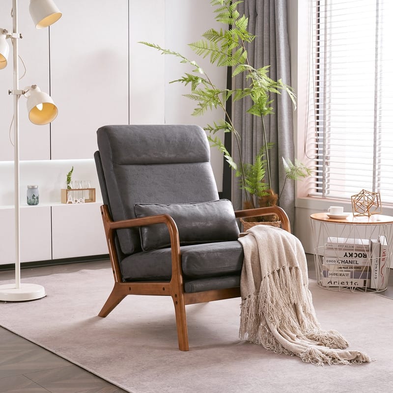 High Back Solid Wood Armrest Backrest Leisure Chair Accent Chair - Dark Gray-Bronzing Cloth
