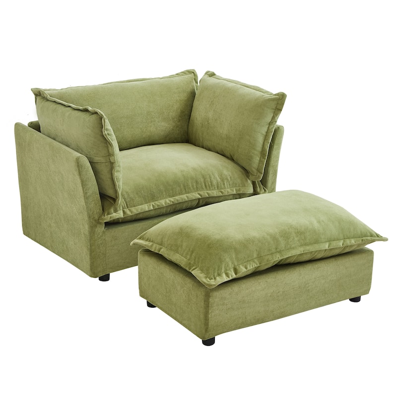 Chenille Single Sofa Chair with Ottoman, Modern Oversized Accent Chair for Reading, Living Room Curved Armrests Chairs