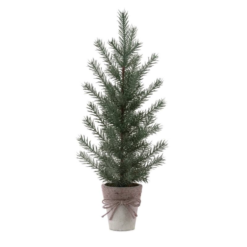 HomeRoots Set of Two 24" Mini Artificial Pine Trees In Rustic Beige Bow Tie Pots - 9.00 in. x 23.50 in. x 8.00 in.