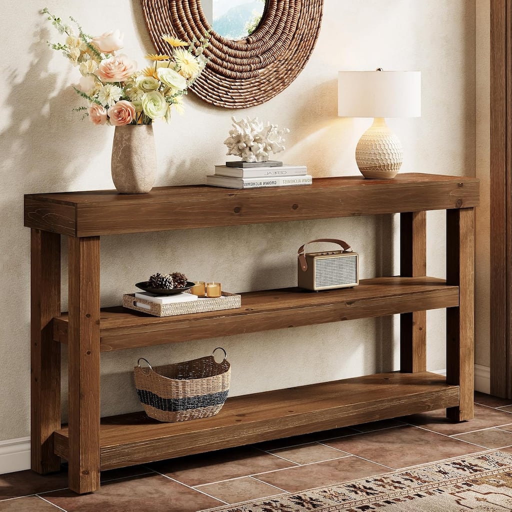 3 Tier Solid Wood Entry Console Table, 63-Inch Narrow Sofa Table Behind The Couch with Storage Shelves