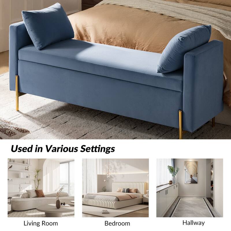Angelus Modern 56''W Upholstered Flip Top Storage Bench withTwo Pillows and Arms by HULALA HOME