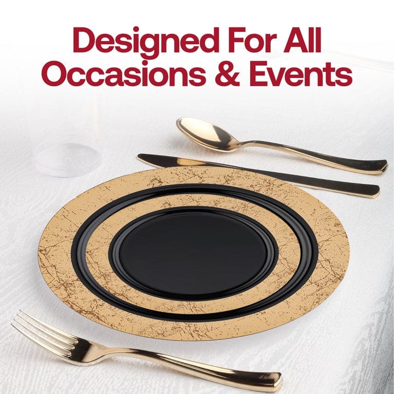 Shiny Gold Marble Rim Disposable Plastic Plate Packs - Party Supplies