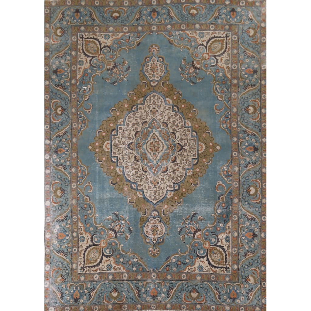 Distressed Tabriz Vintage Persian Rug Hand-Knotted Blue Wool Carpet - 8'2" x 12'9"