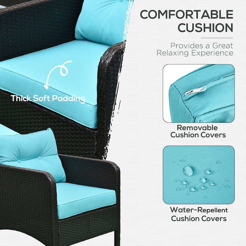 Brown-Blue PE Rattan Steel 5-Piece Outdoor Patio Chair Set with Cushions - 28" L x 26.5" W x 29.5" H