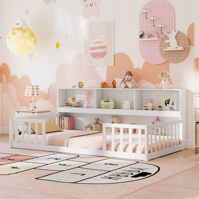 Pine Wood Twin Montessori Floor Bed with Bookshelf and Safety Rails