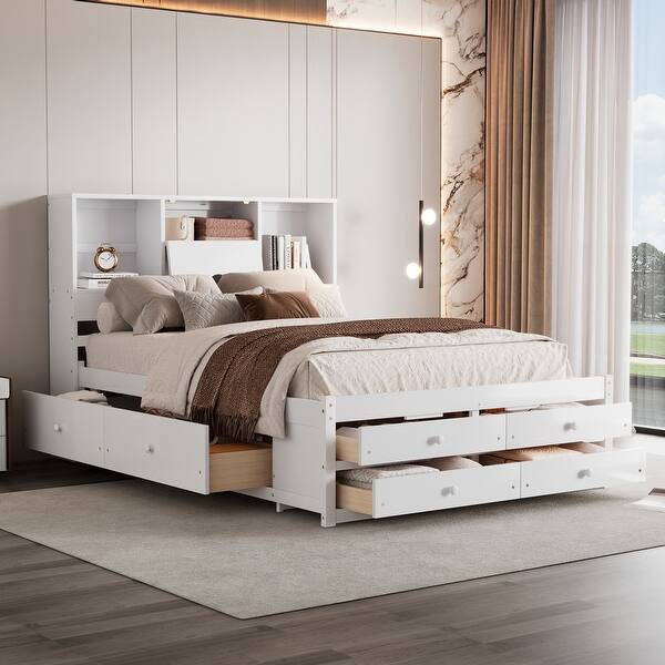 slide 2 of 18, Queen Size Solid Pine Wood Platform Bed Frame with Storage Headboard and 8-Drawers for Bedroom, Easy Assembly, White White
