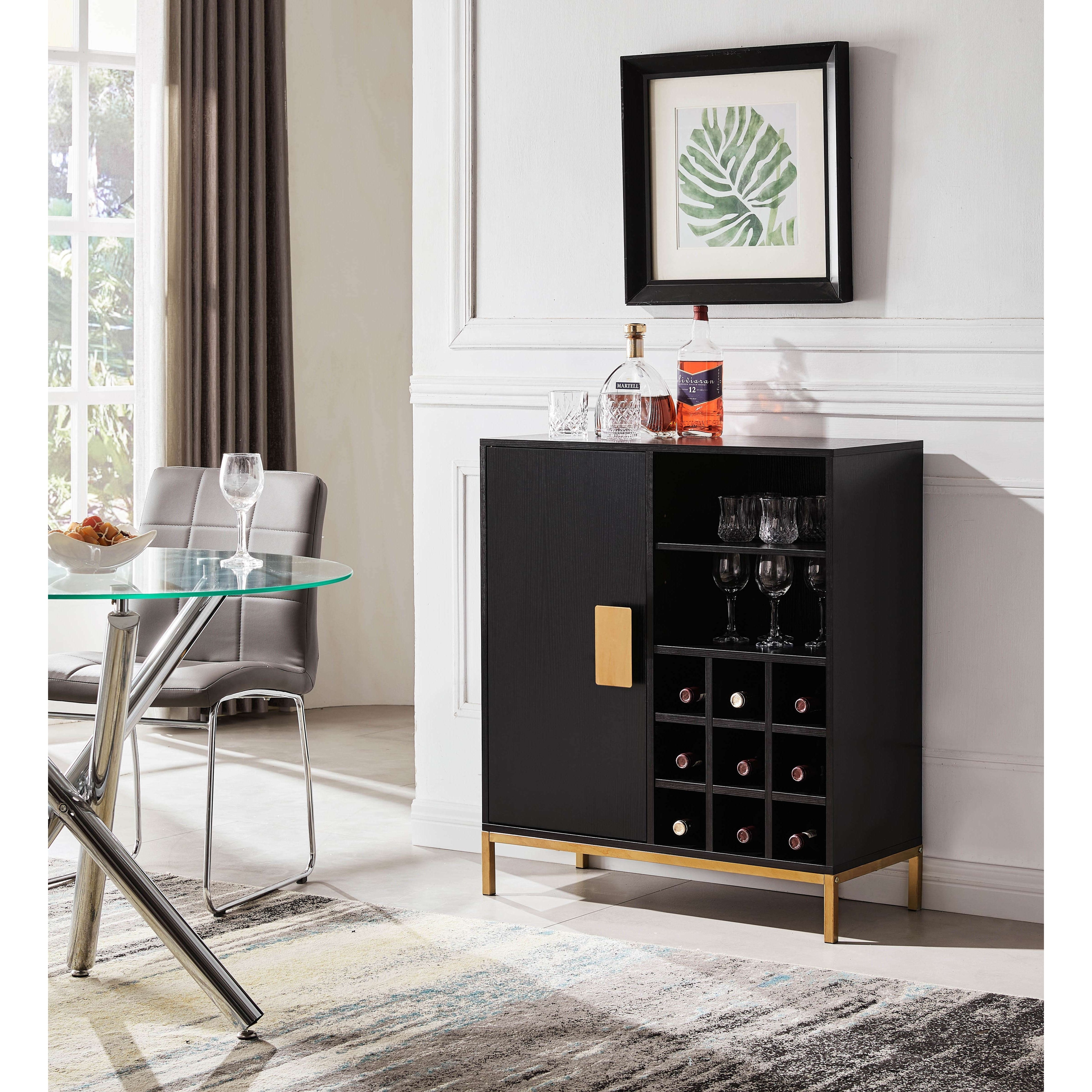 Bar Cabinet with Wine Rack & Glass Holder, Freestanding Cabinet with Doors & Adjustable Shelves for Dining Room
