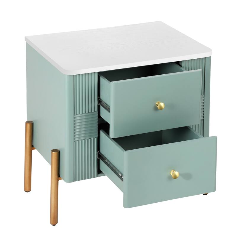 Modern 2-Drawer Fluted Nightstand - Golden Metal Handles/Legs, Easy Assembly (Green)