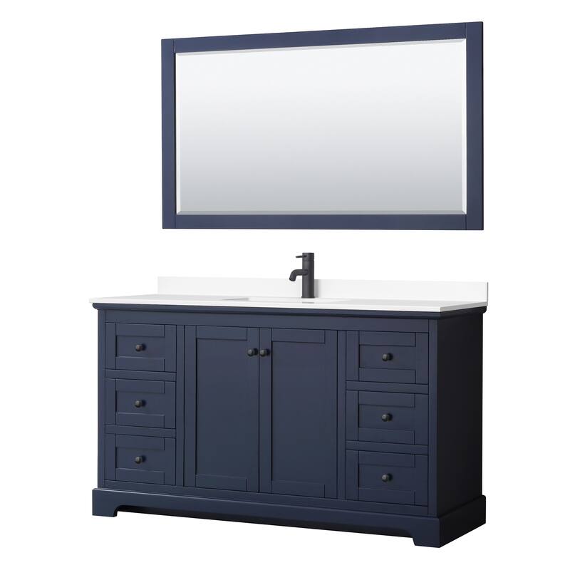 Avery 60 Inch Single Vanity, Cultured Marble Top, 58 Inch Mirror - Dark Blue, Black Trim, White Cultured Marble Top