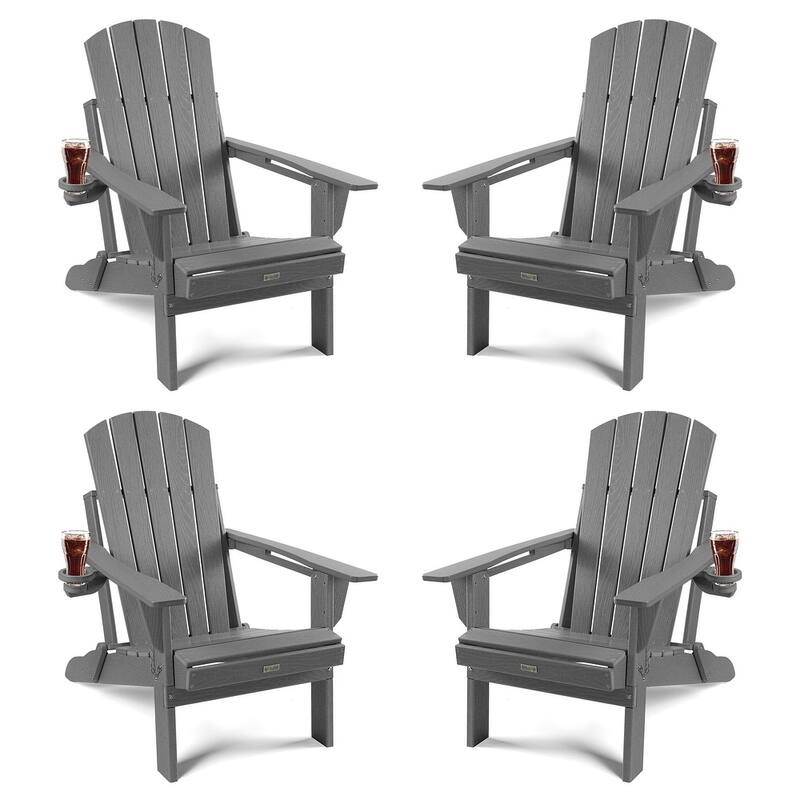 WINSOON All Weather HDPE Outdoor Folding Adirondack Chair With Cup Holder Set of 4 - Grey