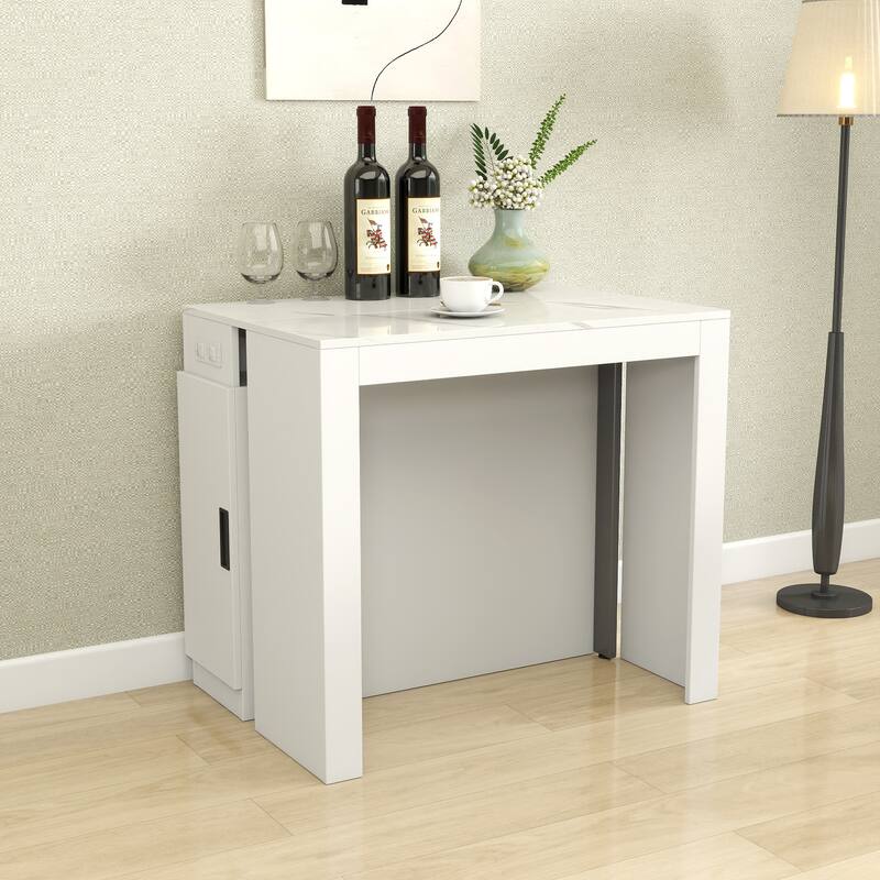 Modern Multifunctional Extendable Dining Table With Outlet,Space Saving Expanding Table With Storage