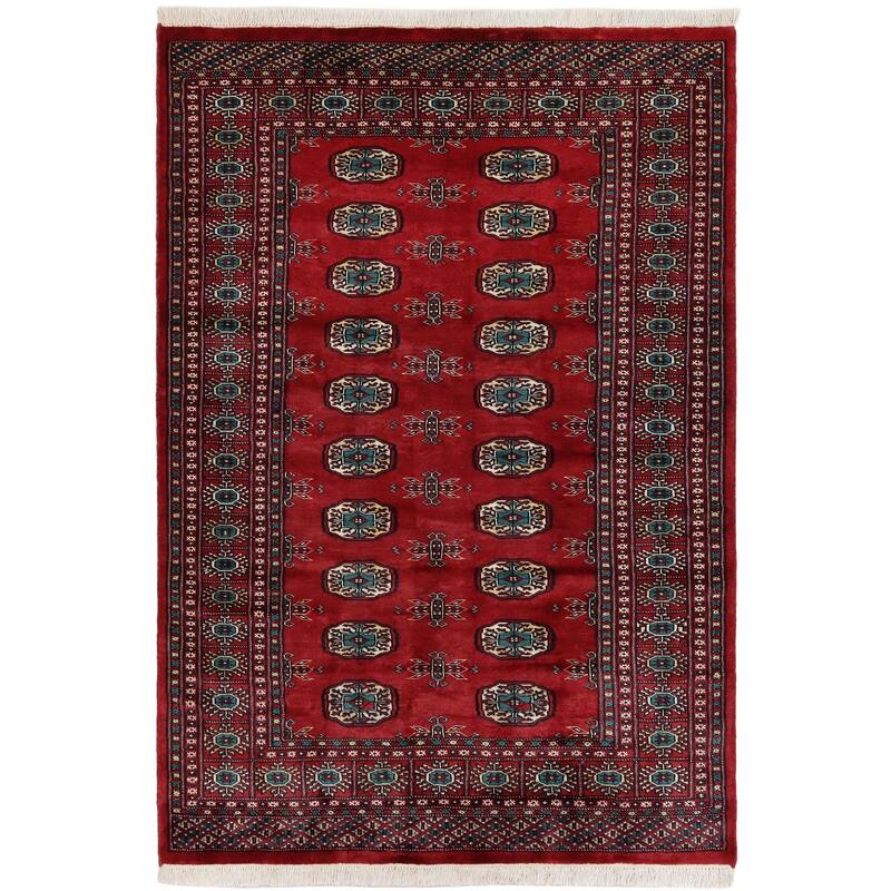 Tribal Bokhara Hail Red/Green Hand Knotted Wool Rug - 4'3'' x 6'3''