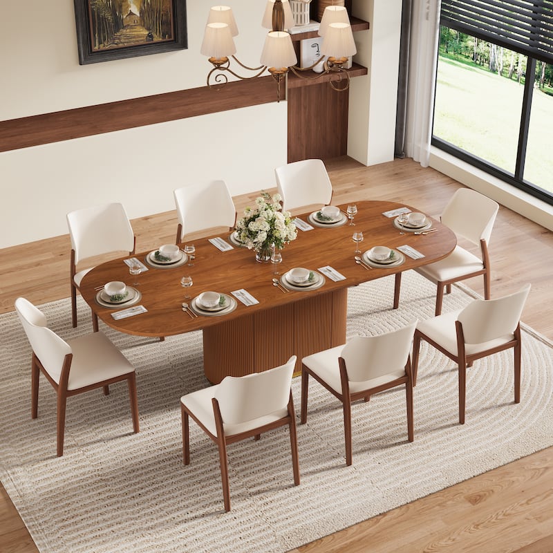 86.8" Oval Mid-Century Modern Dining Table (Seats 8-10), Brown Solid Wood Veneer Kitchen Table with Built-in Storage - Brown